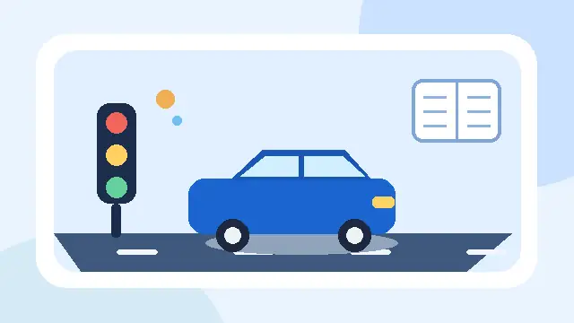 Ehliyet sınavına hazırlık için trafik ışıkları, otomobil ve çalışma kitabı illüstrasyonu
